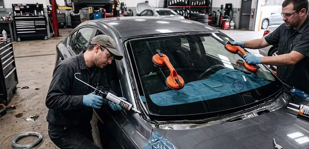 windshield replacement being done